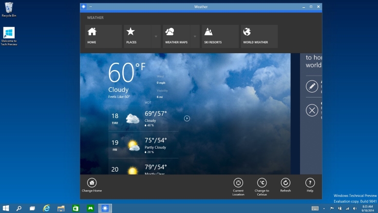 Приложение Weather в Windows 10